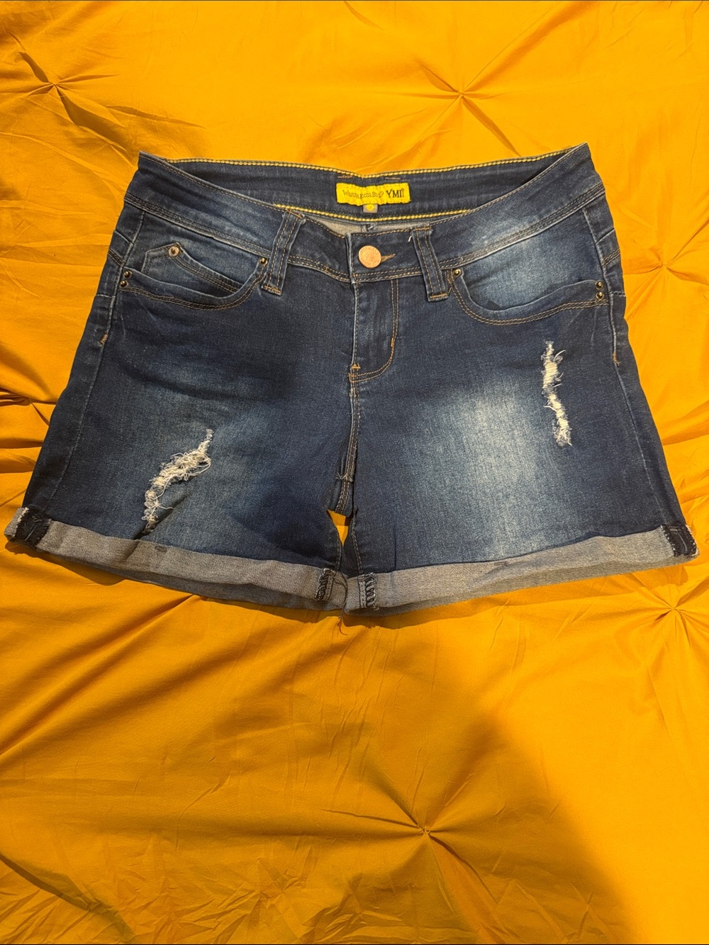 YMI Dark Blue Distressed Rolled-Hem Denim Shorts